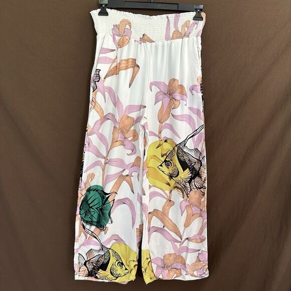 Anthropologie Maeve Pia Binazzi Floral Fish Pants Ruched Waist Wide Leg SMALL - Picture 2 of 8